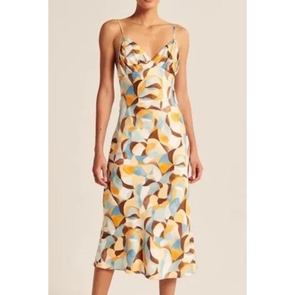 Abercrombie & Fitch Satin Printed Midi Slip Dress Cream Multi Medium